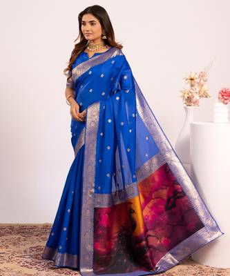 Royal blue solid silk blend saree with blouse 2