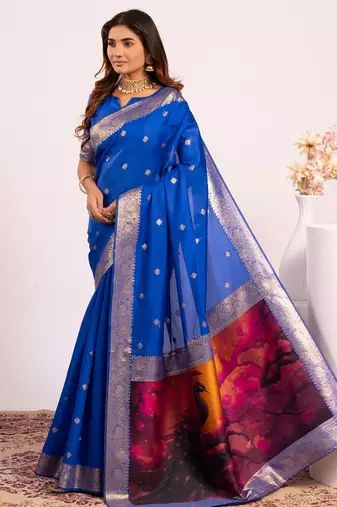 Royal blue solid silk blend saree with blouse