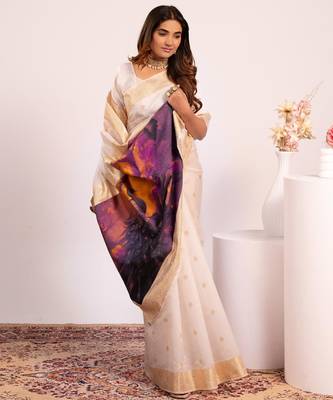 White solid silk blend saree with blouse 1