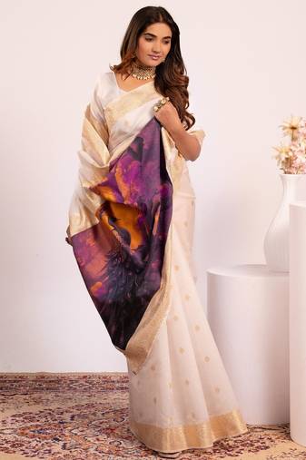 White solid silk blend saree with blouse