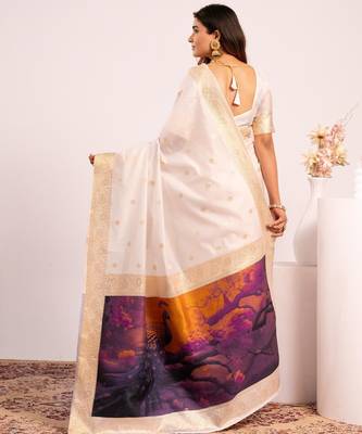 White solid silk blend saree with blouse 3