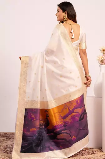 White solid silk blend saree with blouse