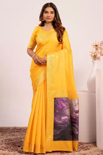 Yellow solid silk blend saree with blouse