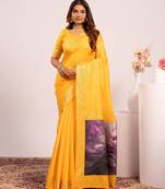 Yellow solid silk blend saree with blouse