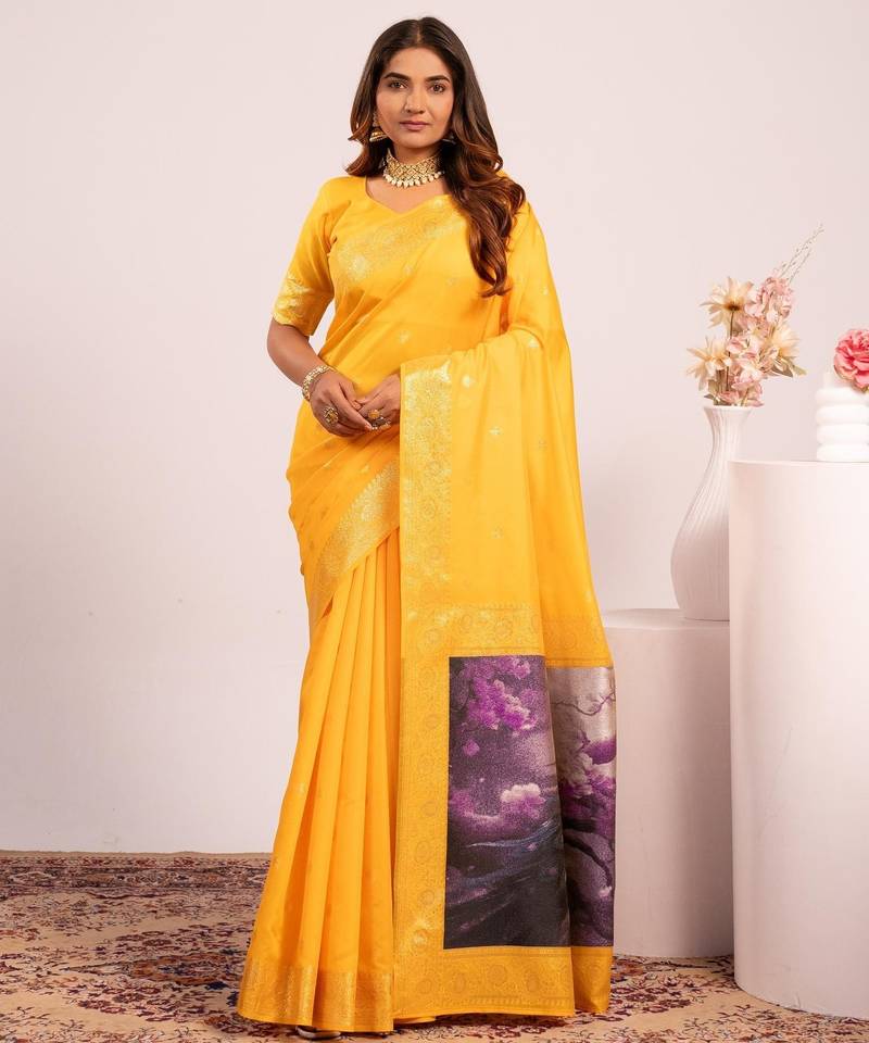 Yellow solid silk blend saree with blouse
