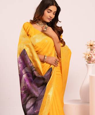 Yellow solid silk blend saree with blouse 3
