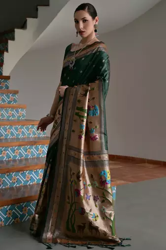 Green solid silk blend saree with blouse