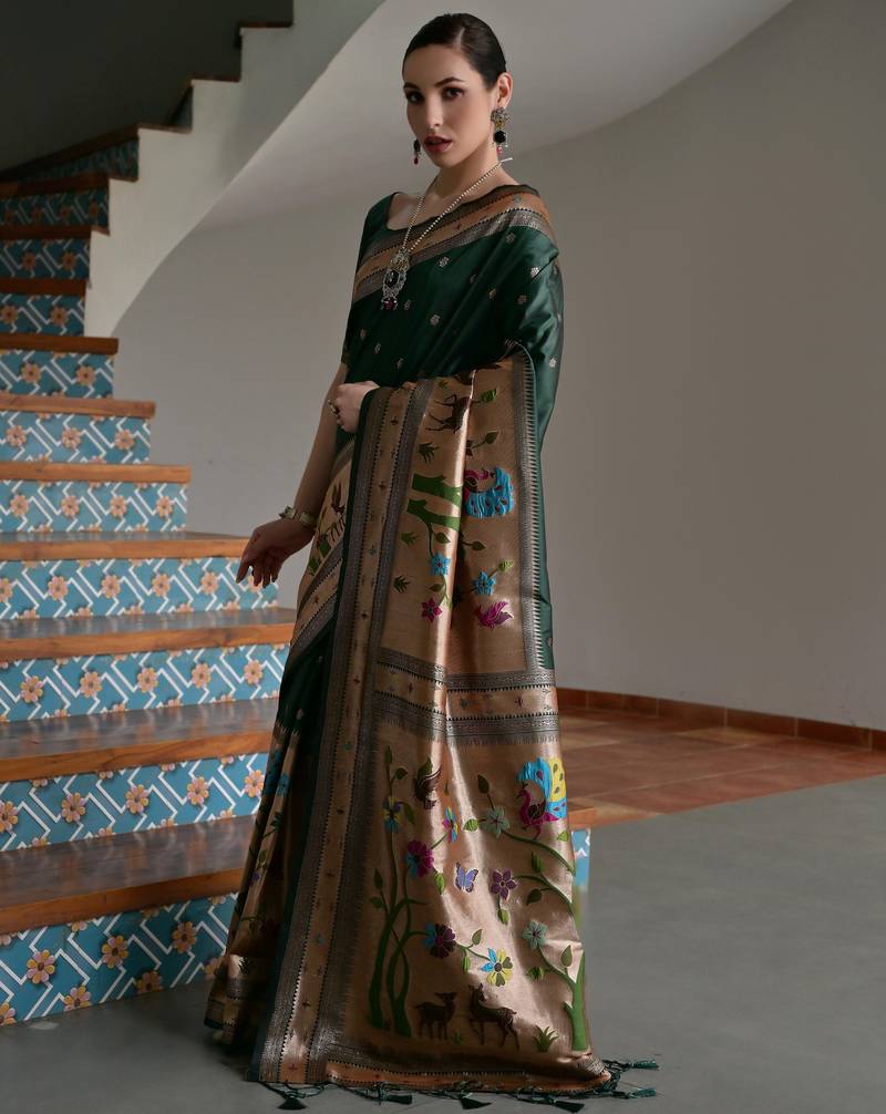 Green solid silk blend saree with blouse