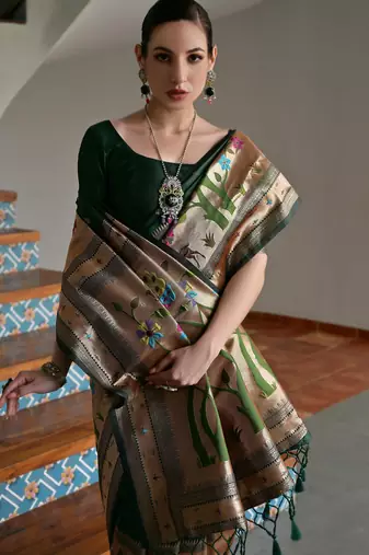 Green solid silk blend saree with blouse
