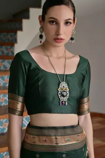 Green solid silk blend saree with blouse