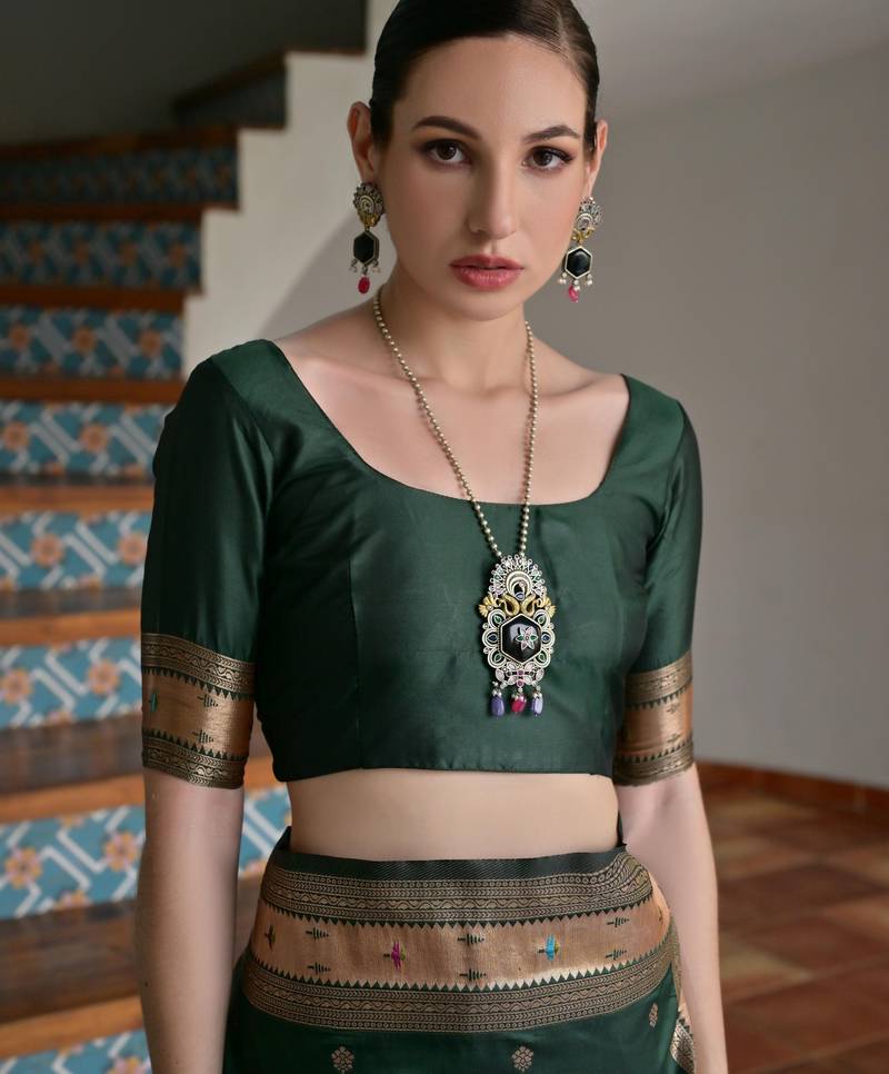 Green solid silk blend saree with blouse