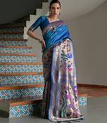 Navy blue solid silk blend saree with blouse