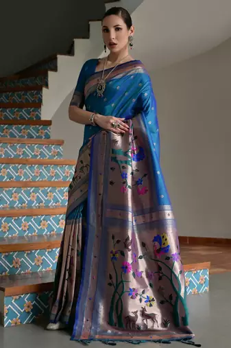Navy blue solid silk blend saree with blouse