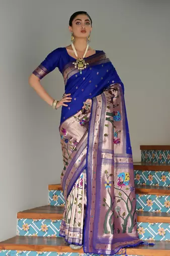 Royal blue solid silk blend saree with blouse