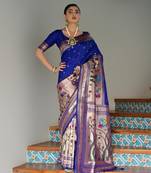Royal blue solid silk blend saree with blouse