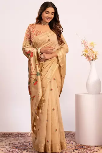 chiku solid blended cotton saree with blouse