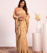 chiku solid blended cotton saree with blouse