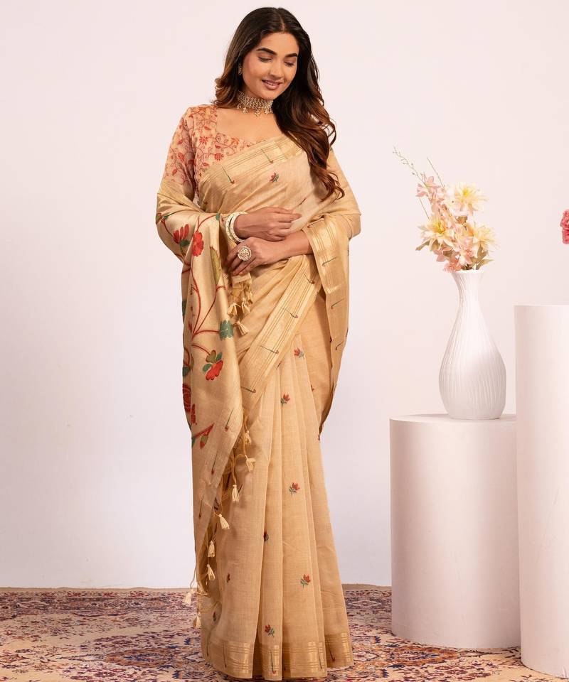 chiku solid blended cotton saree with blouse