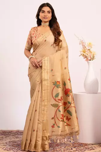 chiku solid blended cotton saree with blouse