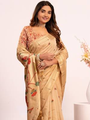chiku solid blended cotton saree with blouse 4