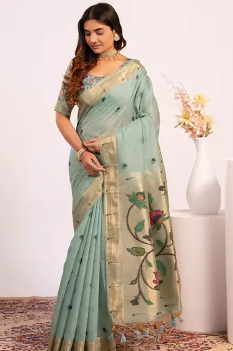 blue solid blended cotton saree with blouse