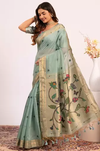 blue solid blended cotton saree with blouse