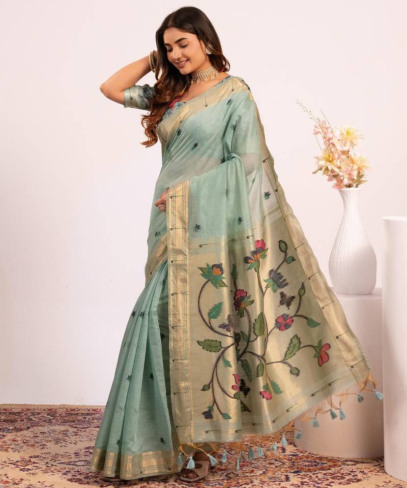 blue solid blended cotton saree with blouse