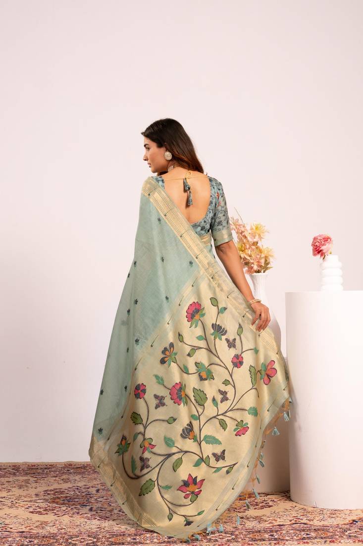 blue solid blended cotton saree with blouse