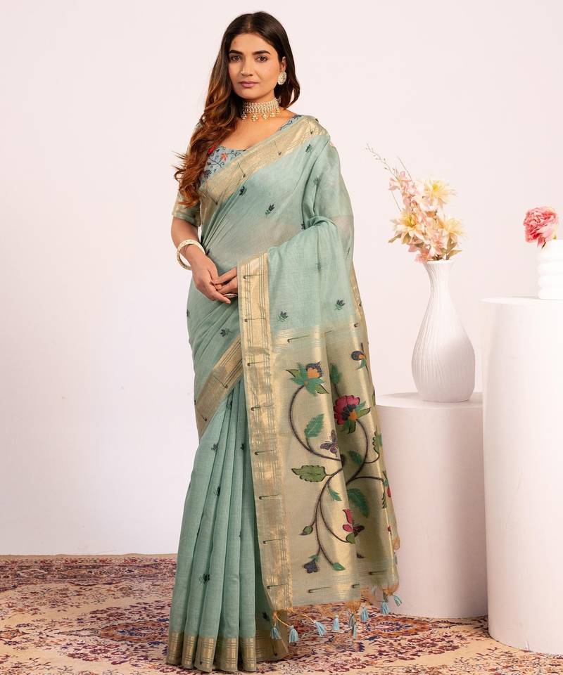 blue solid blended cotton saree with blouse