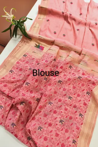 pink solid blended cotton saree with blouse