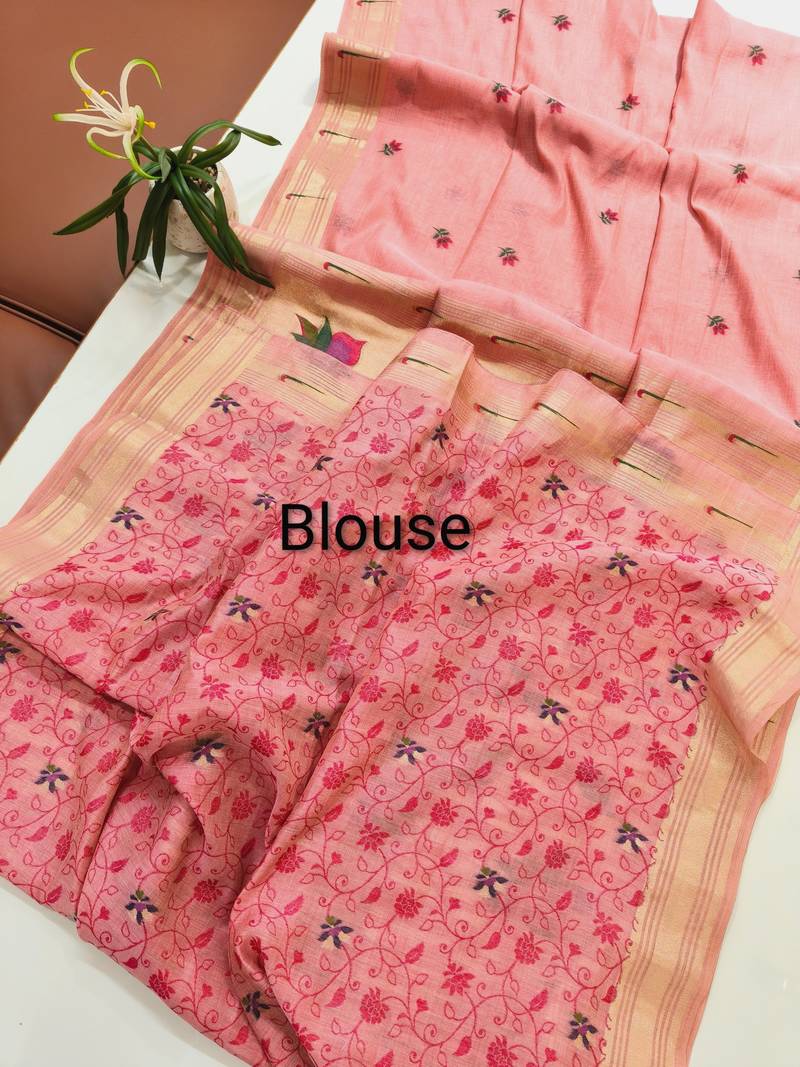 pink solid blended cotton saree with blouse