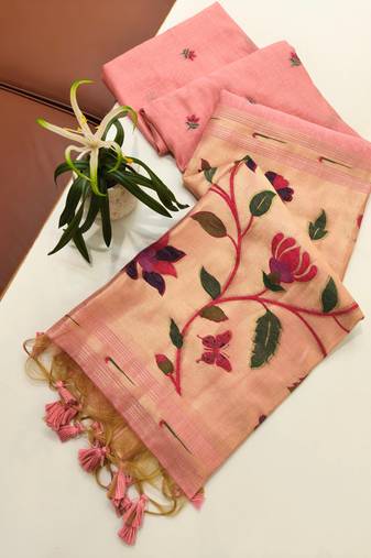 pink solid blended cotton saree with blouse