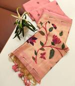 pink solid blended cotton saree with blouse