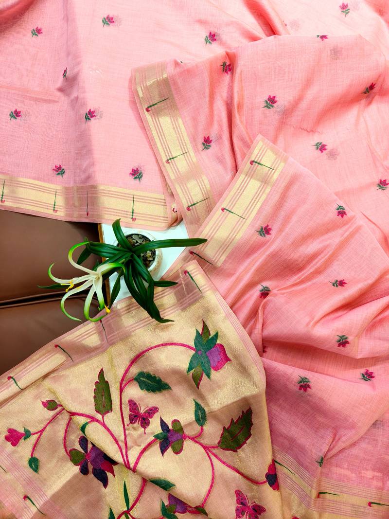 pink solid blended cotton saree with blouse