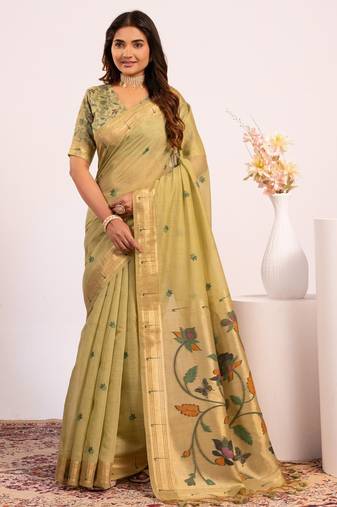 green solid blended cotton saree with blouse