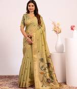 green solid blended cotton saree with blouse