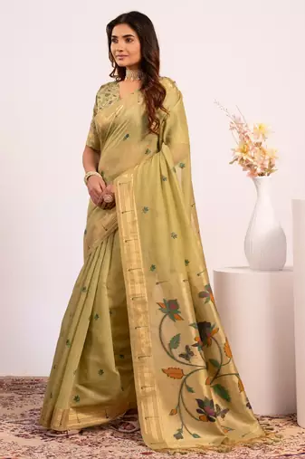 green solid blended cotton saree with blouse