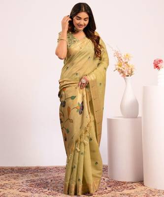 green solid blended cotton saree with blouse 3