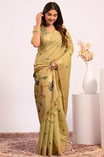 green solid blended cotton saree with blouse