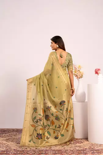 green solid blended cotton saree with blouse