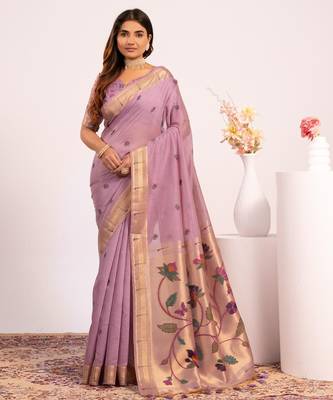 purple solid blended cotton saree with blouse 1