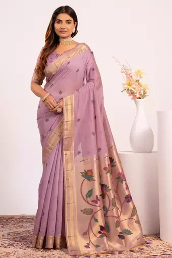 purple solid blended cotton saree with blouse