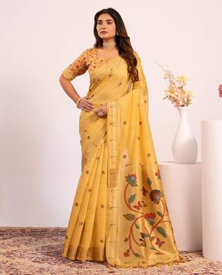 yellow solid blended cotton saree with blouse 1