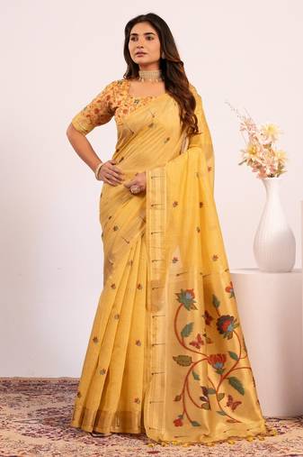 yellow solid blended cotton saree with blouse