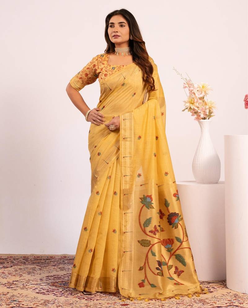 yellow solid blended cotton saree with blouse
