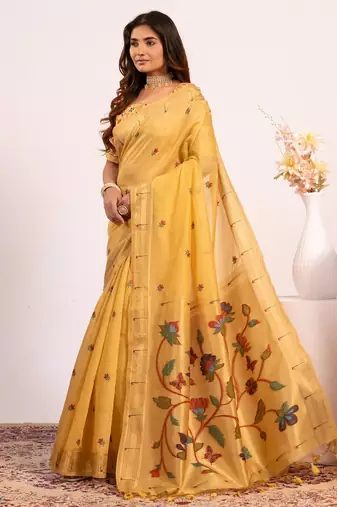 yellow solid blended cotton saree with blouse
