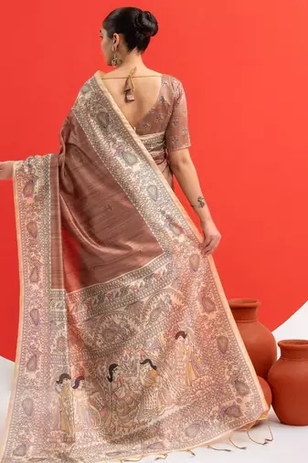 coffee solid tussar silk saree with blouse