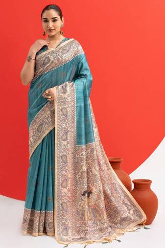 blue solid tussar silk saree with blouse