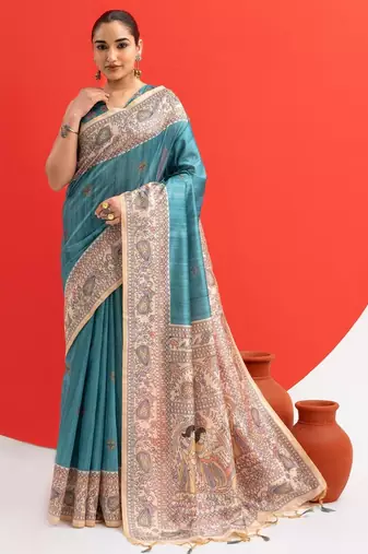 blue solid tussar silk saree with blouse