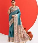 blue solid tussar silk saree with blouse
